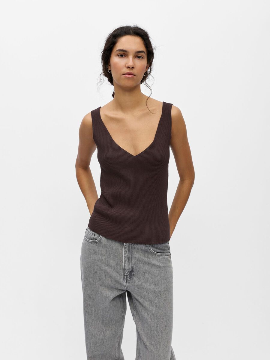 Object Geribbeld V-hals Tanktop - Seal Brown
