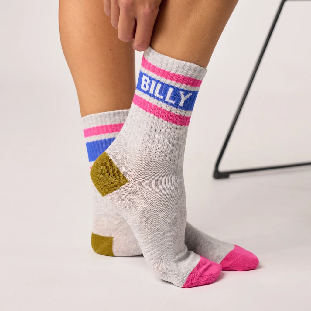Billybelt Tennisokken - Grijs, Blauw En Roze Gestreept