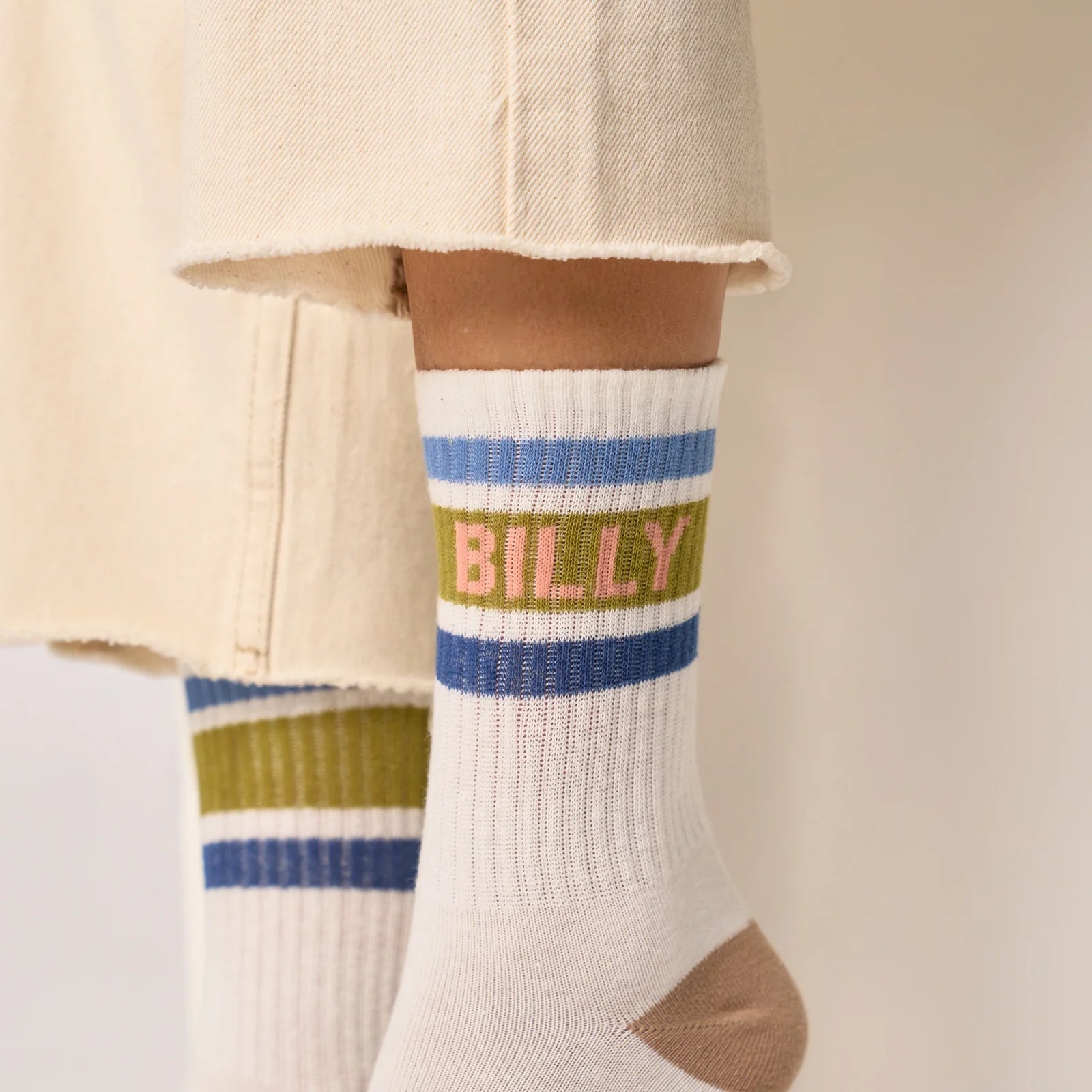 Billybelt Tennisokken - Wit, kaki En Blauw Gestreept